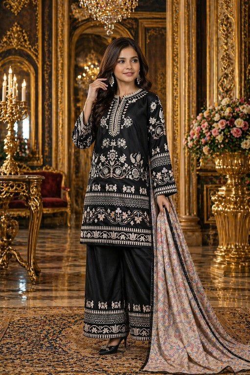 Black Embroidered Premium Satin 3-Piece Kids Suit