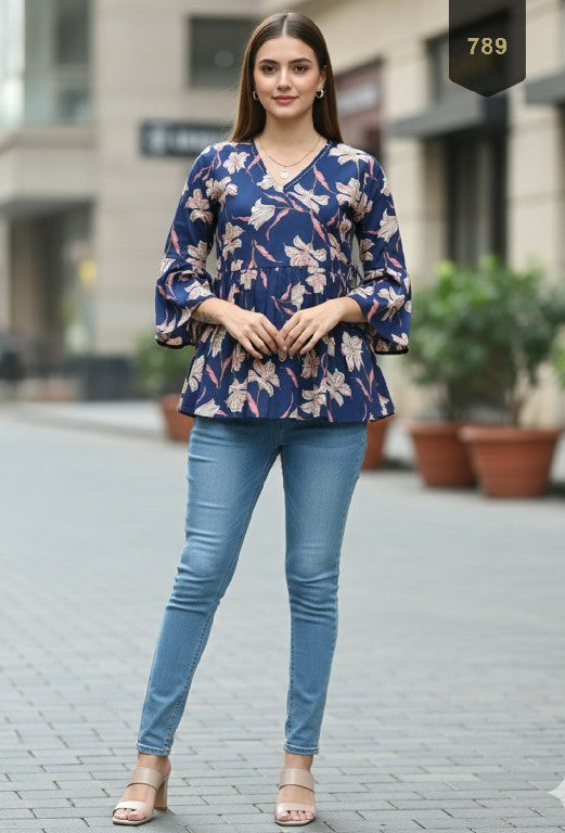 Navy Blue Floral Cotton Short Top