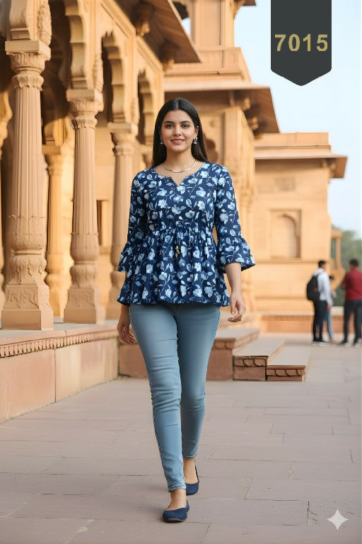 Indigo Blue Floral Cotton Short Top