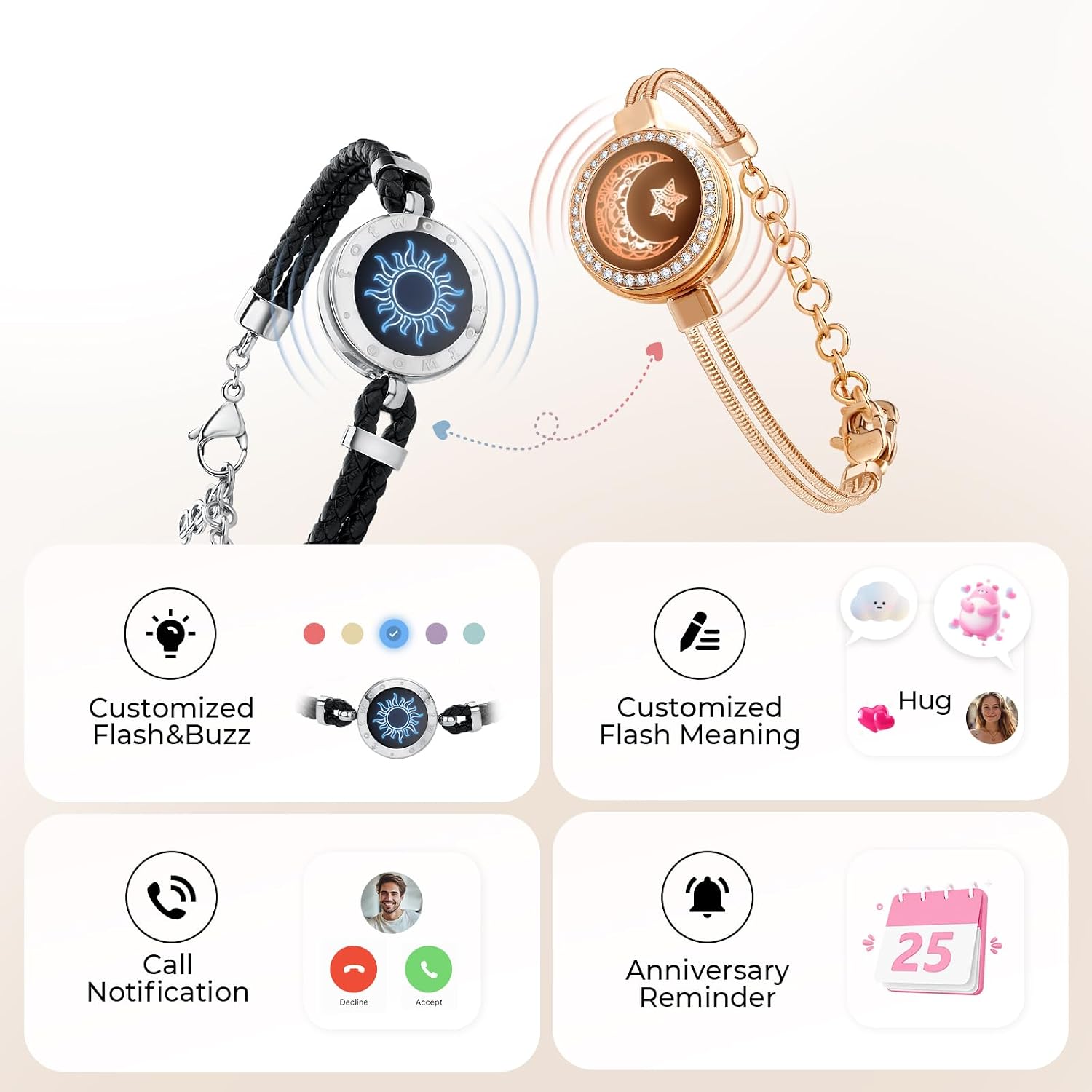TOTWOO Long Distance Touch Bracelets – Sun & Moon Couples Set
