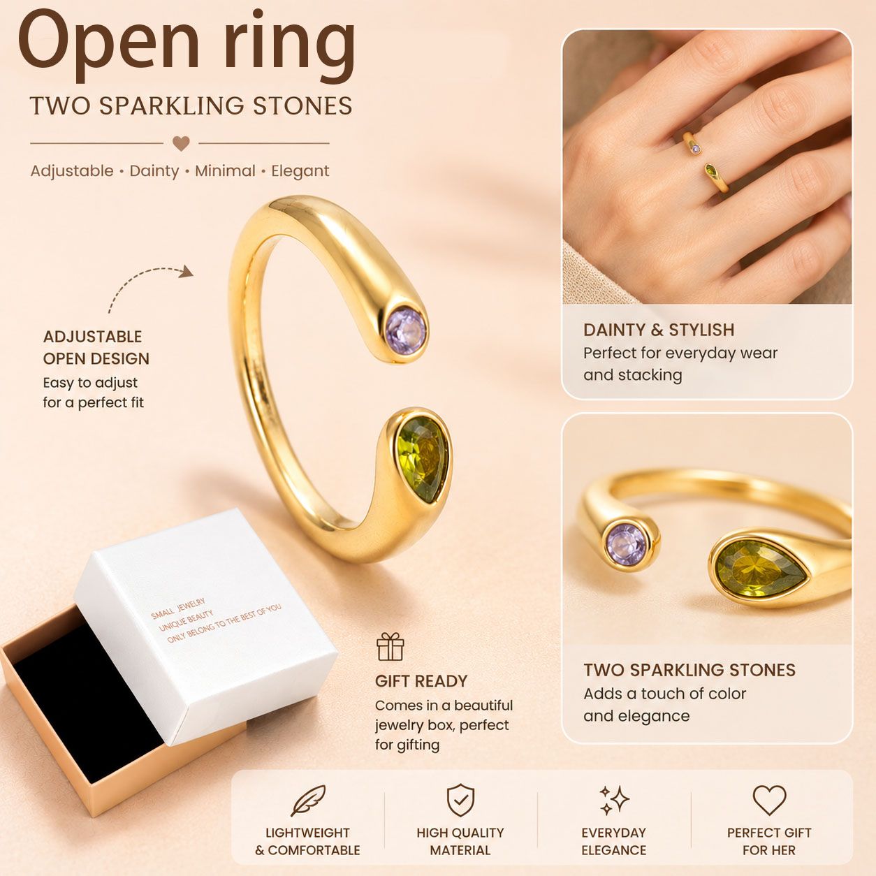 Birthstone Ring August – 18K Gold Plated